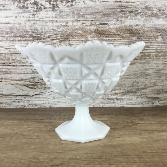 Westmoreland Old Quilt Pattern Milk Glass Pedestal Compote 5.75" Tall X 8" Top D - Picture 3 of 10